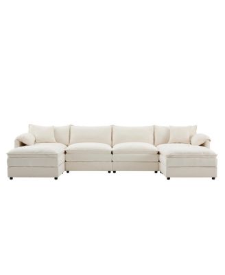 136" Chenille Modular Sectional Sofa with Deep Seat & Movable Ottoman