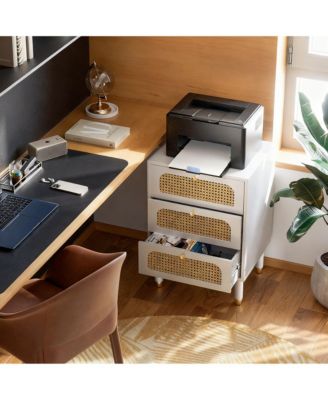 Boho Style Tall Rattan Nightstand with Charging Station