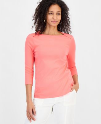 Women's Petite Pima Cotton 3/4-Sleeve Boat-Neck Top