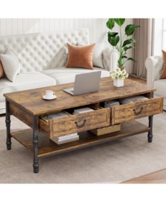 Coffee Table with Drawers 41" Large Center Table with Storage Rectangular Cocktail Table Mid Century Wooden Coffee Tables