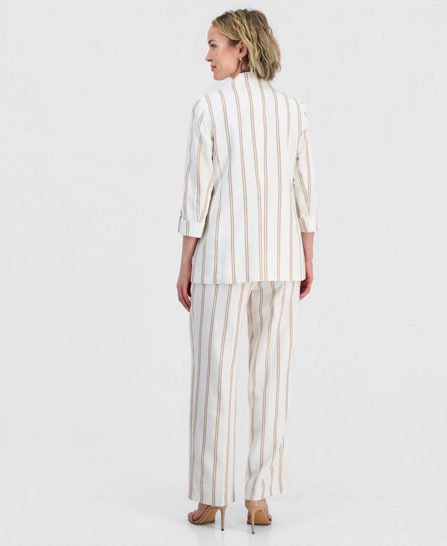 Women's Striped Linen Blend 3/4-Sleeve Double-Breasted Blazer, Pleated Satin Top & Striped Linen Blend Clean-Waist Pants