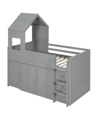 Twin Size Wooden Loft Bed with Desk, Drawers,Cabinets