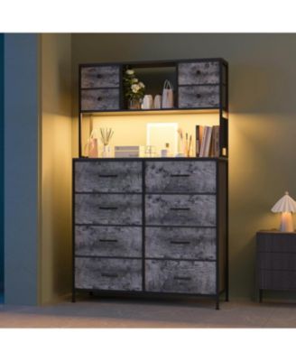 Dresser for Bedroom Drawer Fabric Chest with LED Lighting, Power Outlet and Open Shelves, Wood Top & Metal Frame for Bedroom, Hallway