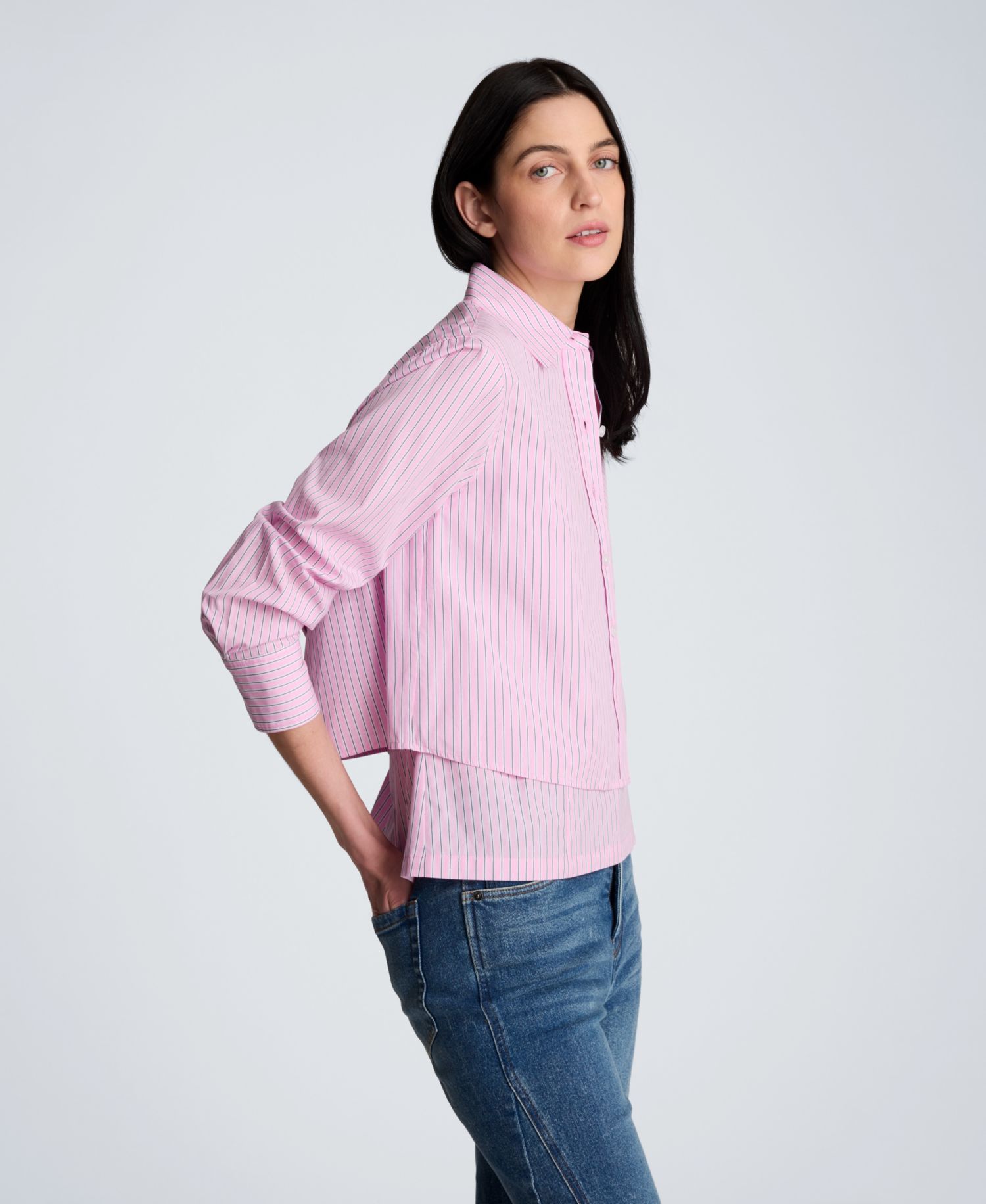 Striped Poplin Cropped Long Sleeve Button Front Shirt