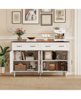 Vintage Sideboard Buffet Cabinet with Hand-Carved Doors & 4 Doors