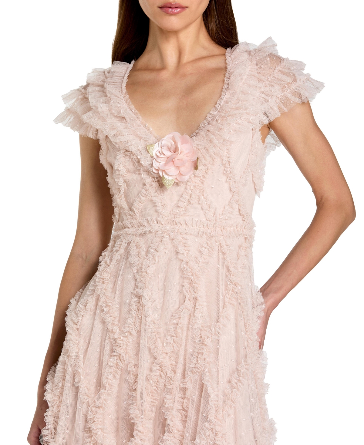 Mac Duggal Women's Micro Ruffle Cap Sleeve A-Line Midi Dress