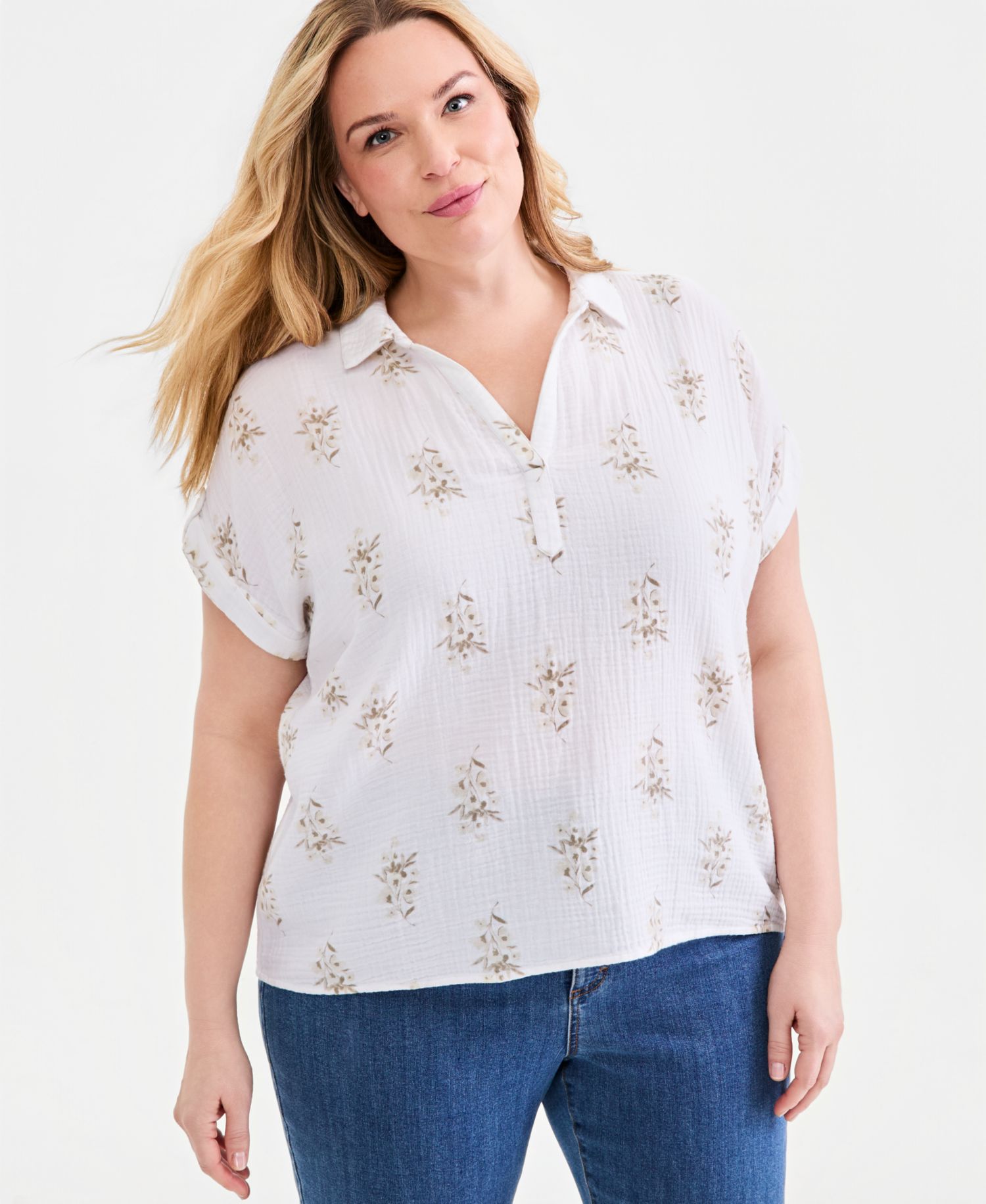 Plus Size Collared Popover Top