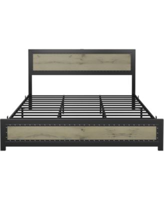 Size Bed Frame with Headboard, Industrial Platform Bed Frame with Charge Station, No Box Spring Needed