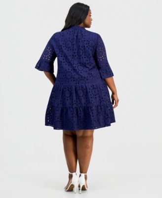Plus Size Cotton Eyelet Tiered Shirtdress