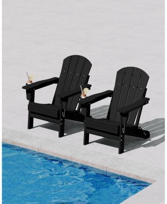 Folding Adirondack Chair, HDPE Outdoor Patio Chair with Cup Holder, All Weather Resistent Wooden Textured for patios, Decks, Gardens, fire Pit