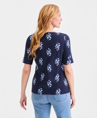 Women's Printed Boat-Neck Elbow-Sleeve Top