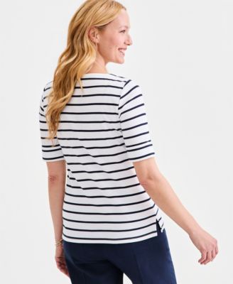 Women's Printed Boat-Neck Elbow-Sleeve Top