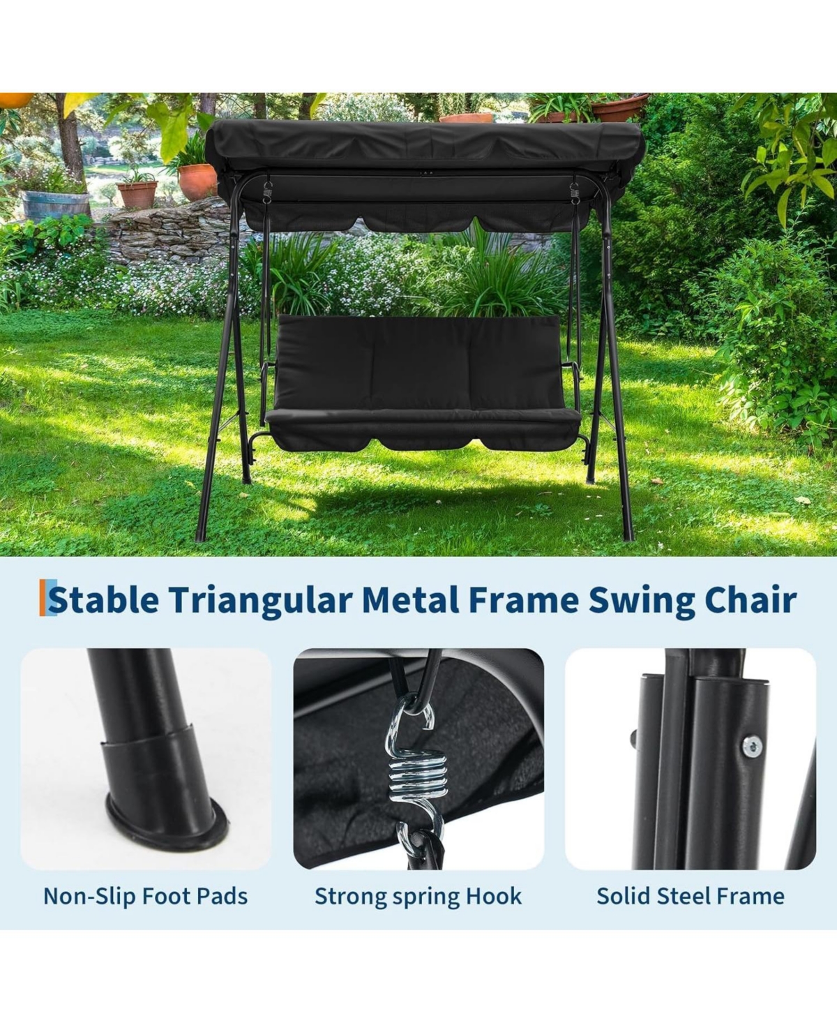 gaomon "3 Person Patio Swing Chair with Adjustable Canopy, Breathable Seat & Armrests for Backyard"