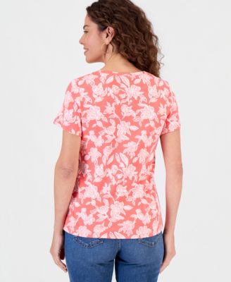 Women's Printed Short- Sleeve Henley Top