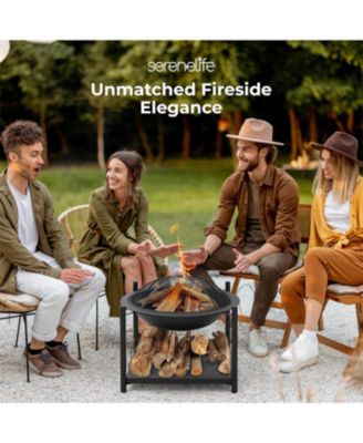 Outdoor Wood Fire Pit Steel BBQ Grill with Mesh Spark Screen, Log Grate, Poker & Cover