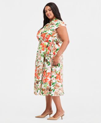 Plus Size Printed Split-Neck Cap-Sleeve Dress