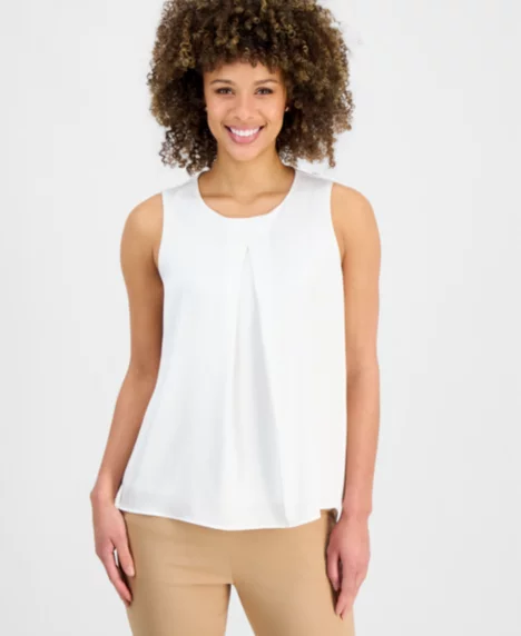 Petite Sleeveless Pleated Satin Top - Vanilla Ice
