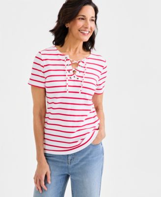 Women's Striped Lace-Up Short-Sleeve Top