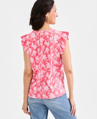 Women's Printed Pintuck Flutter Sleeve Top