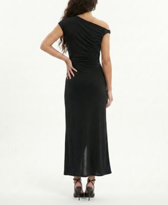 Women's Asymmetrical Draped Fit & Flare Boat Neck Midi Dress