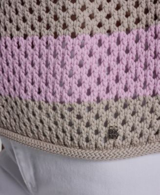 Women's Short-Sleeve Raglan Stripe Pointelle Pull-On Sweater