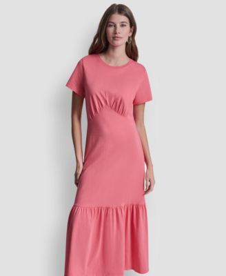 Women's Ruched Bodice Crew Neck Tier Long Dress
