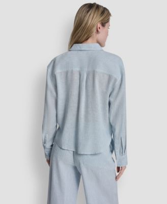 Women's Linen-Blend Cropped Long-Sleeve Shirt