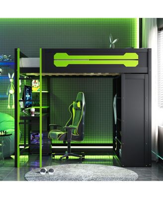 Full Size Wood Loft Bed with Desk, Open Wardrobe and RGB Light