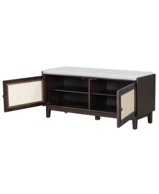 Rattan Shoe Storage Bench, Wooden Shoe Organizer with Cushion, 2 Doors, 2-Tier Shoe Rack and Adjustable Shelves for Entryway, Hallway