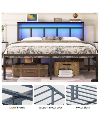 Streamdale 14" Queen Bed Frame w/ Storage Headboard, USB-C, LED Light