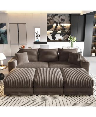 Plush Corduroy 3-Seat Sofa with Movable Ottoman