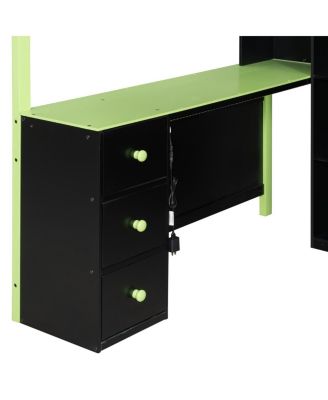  Full Size Wood Loft Bed with Desk, Ample Storage Space