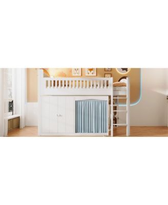 Loft Bed with Storage Cabinet, Wardrobe and LED, White and Espresso