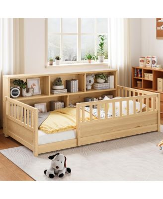 Wood Floor Bed with Fence Guardrail & Side Storage