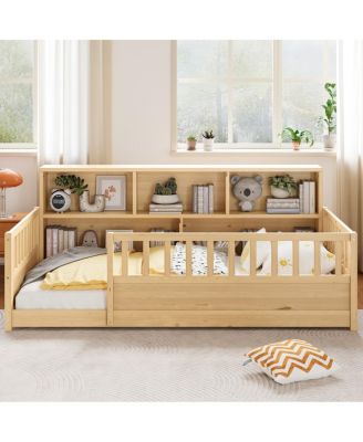 Wood Floor Bed with Fence Guardrail & Side Storage