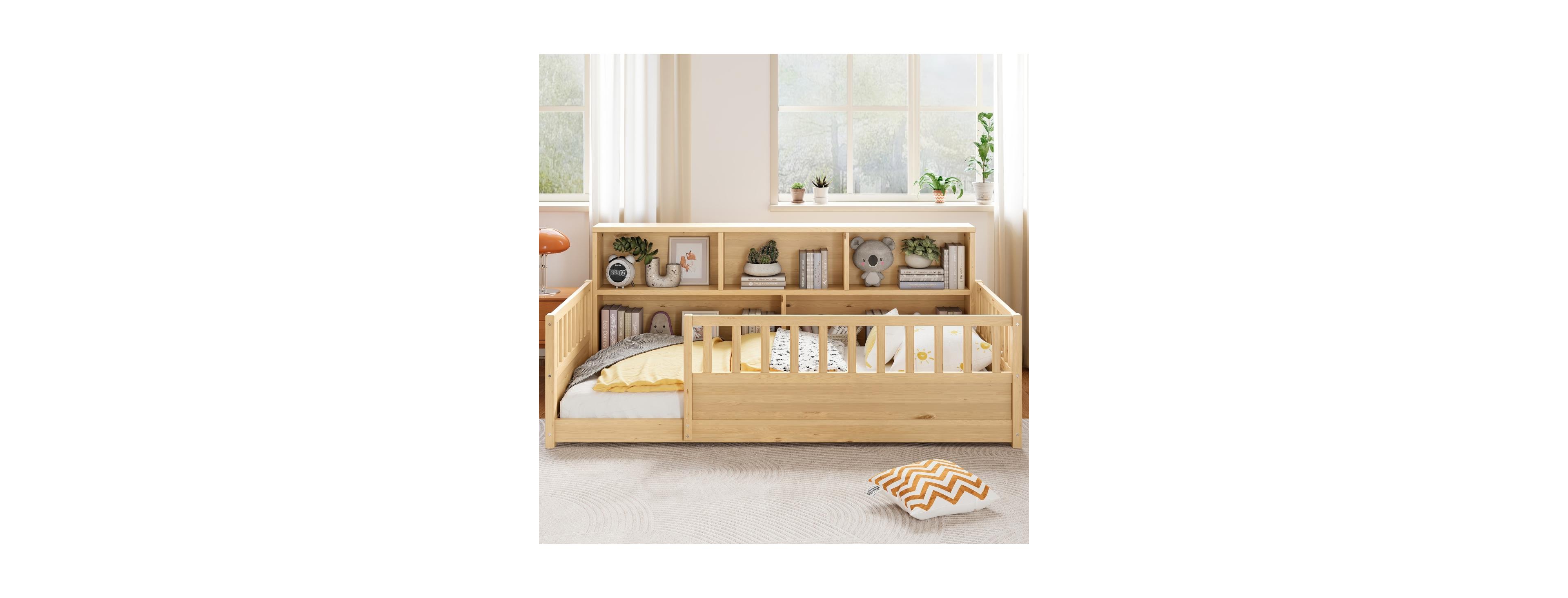 Streamdale Furniture Wood Floor Bed with Fence Guardrail & Side Storage