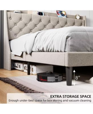 Size Bed Frame with Upholstered Wingback Headboard, Luxurious Linen Upholstery Platform Bed with Charging Station, Button Tufted Design