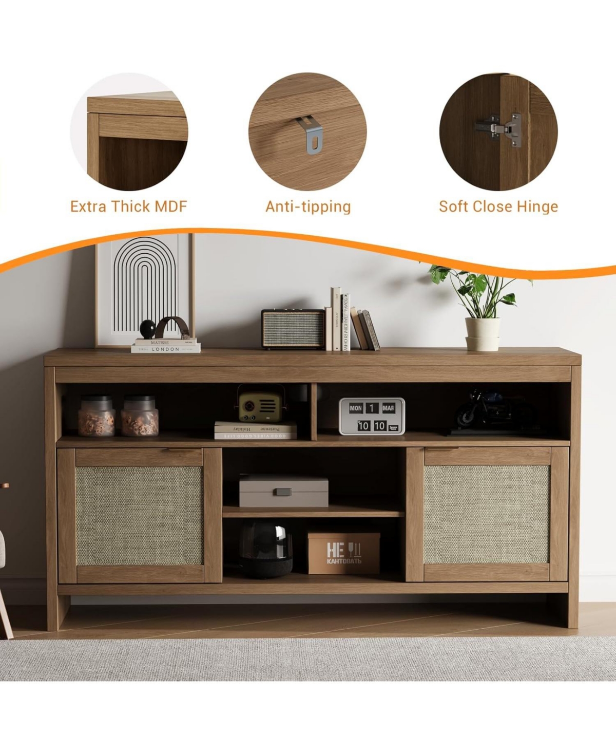 gaomon Rattan Tv Stand with Storage Place for Living Room, Brown Tv Console Cabinet with Shelf, for 45/55/65 in Tv, Wood