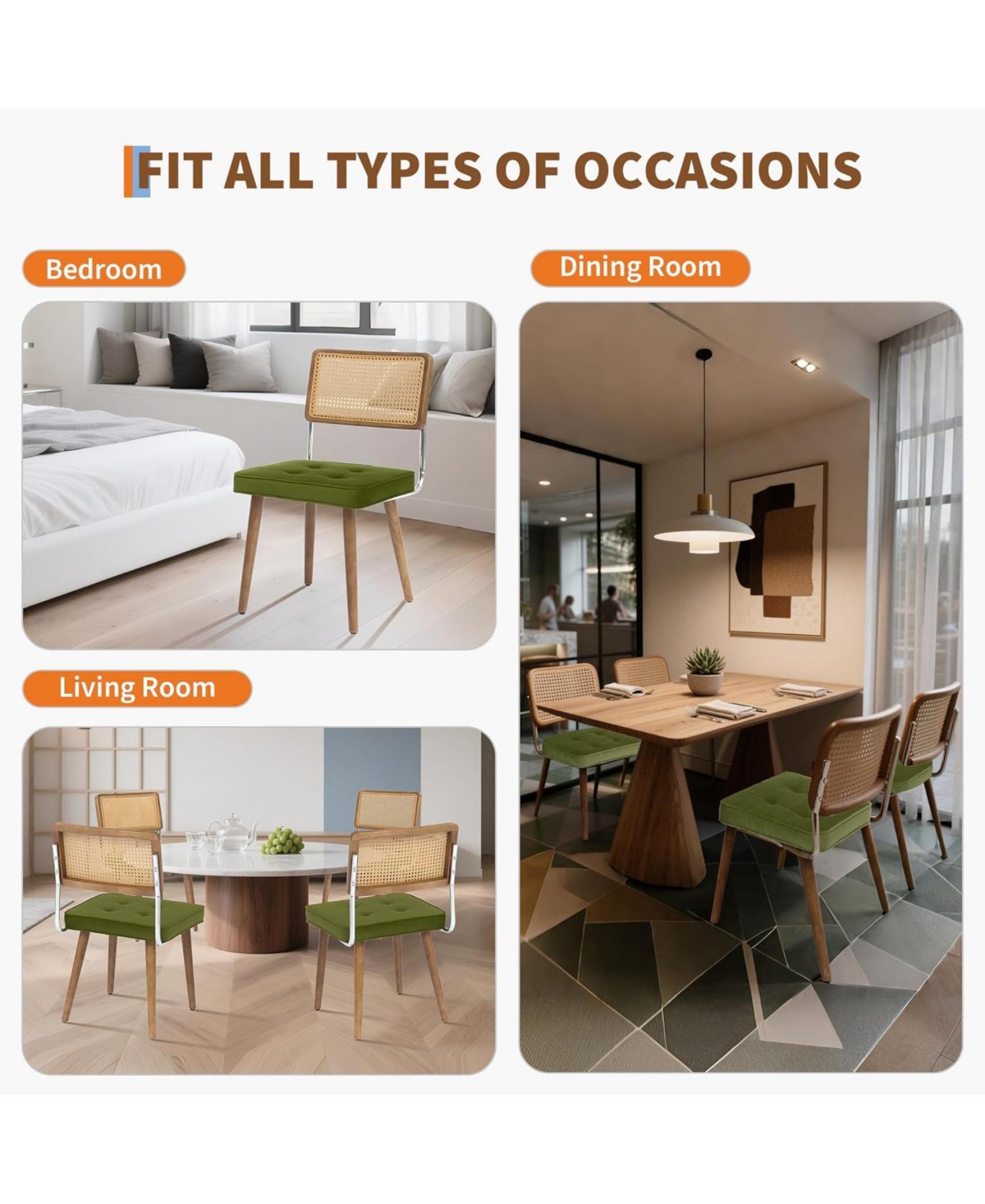 gaomon Natural Rattan Dining Chairs Set of 6, Modern Boho Kitchen Chairs with Wood Back & Legs, Upholstered Seat, Ideal for Kitchen or Dining Room