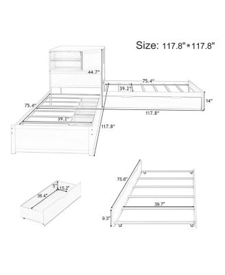  L-Shaped Twin Bed Frame w/ Trundle, Drawer, Desk & LED