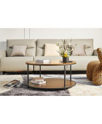  Round antique wood coffee table, 34.64-inch, 2-tier storage, modern design.