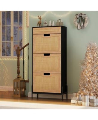 Rattan Shoe Cabinet – Freestanding Shoe Rack with 3 Flip Doors & 1 Drawer, Adjustable Shelves, Metal Legs, Modern Entryway and Hallway