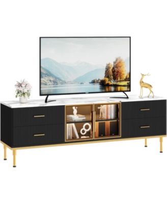 TV Stand with LED Lights, Modern Entertainment Center with 4 Drawers & Shelves & Glass Doors, TV Console Table for TV