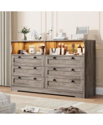 Wood Dressers for Bedroom with 6 Drawer, Wooden Dresser with LED Lights and Power Outlet, Modern Chest of Drawers for Living Room Entryway