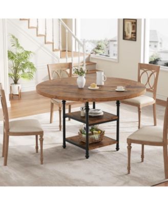 Round Dining Table with 1.59-Inch-Thick Board Kitchen Table Dinner Table with Storage Shelves and Roman Metal Legs for Dining Room Kitchen