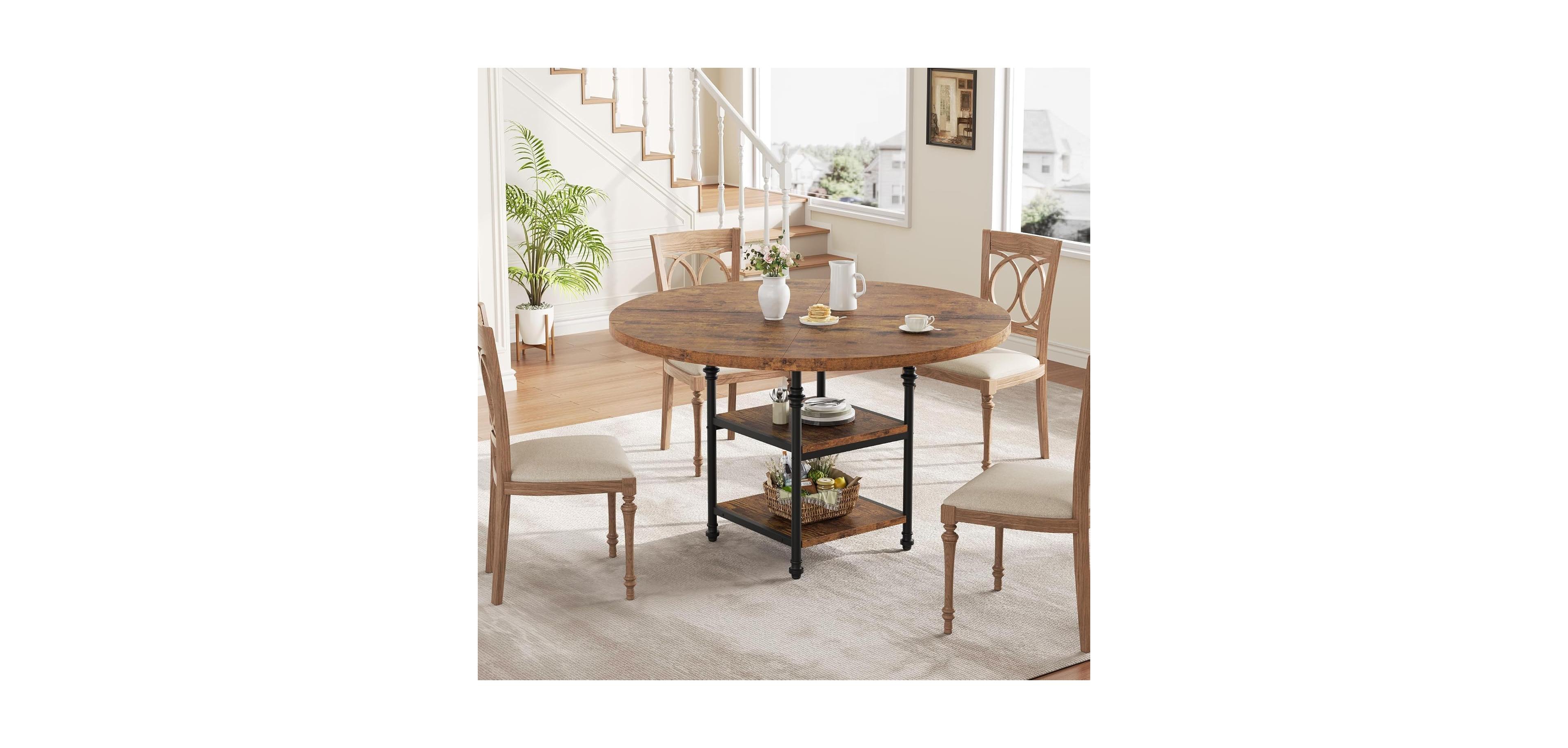 gaomon Round Dining Table with 1.59-Inch-Thick Board Kitchen Table Dinner Table with Storage Shelves and Roman Metal Legs for Dining Room Kitchen
