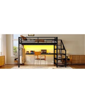 Twin XL Loft Bed with Desk, Storage Stairs, LED Lights & USB Ports