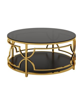 Streamdale Round Tempered Glass Coffee Table, 30.7", Gold Geometric Metal Frame, Shelf