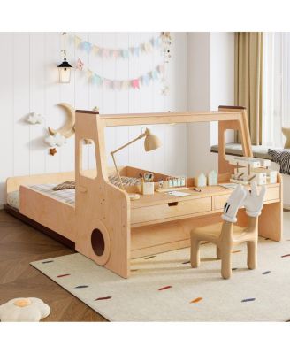 Full Size Car-Shape Floor Bed with Storage, Window, and Desk