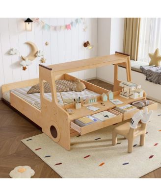 Full Size Car-Shape Floor Bed with Storage, Window, and Desk
